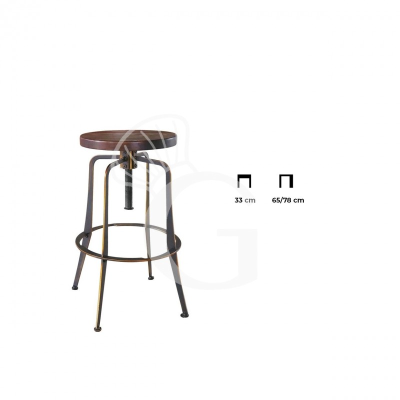 Taburete Dust con estructura de metal pintado con efecto envejecido y asiento de madera