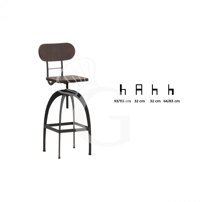 Taburete Eleykos con estructura de metal pintado respaldo y asiento ajustable de madera