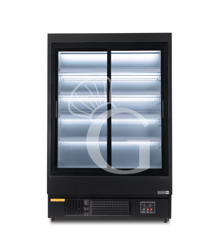 Expositor mural ventilado negro con puertas correderas, temperatura -1°C/+7°C y longitud 1315 mm