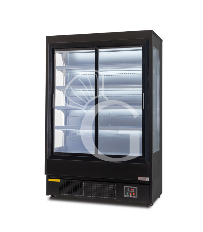 Expositor mural ventilado negro con puertas correderas, temperatura -1°C/+7°C y longitud 1315 mm