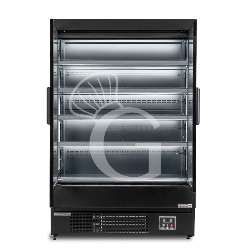 Expositor mural ventilado negro con puertas batientes, temperatura -1°C/+7°C y longitud 1315 mm