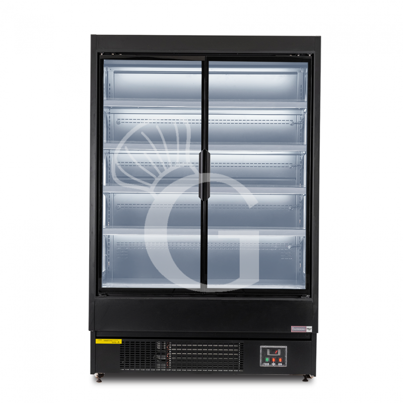 Expositor mural ventilado negro con puertas batientes, temperatura -1°C/+7°C y longitud 1315 mm