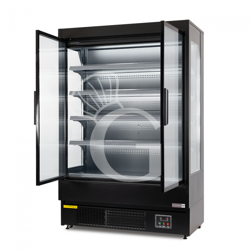 Expositor mural ventilado negro con puertas batientes, temperatura -1°C/+7°C y longitud 1315 mm