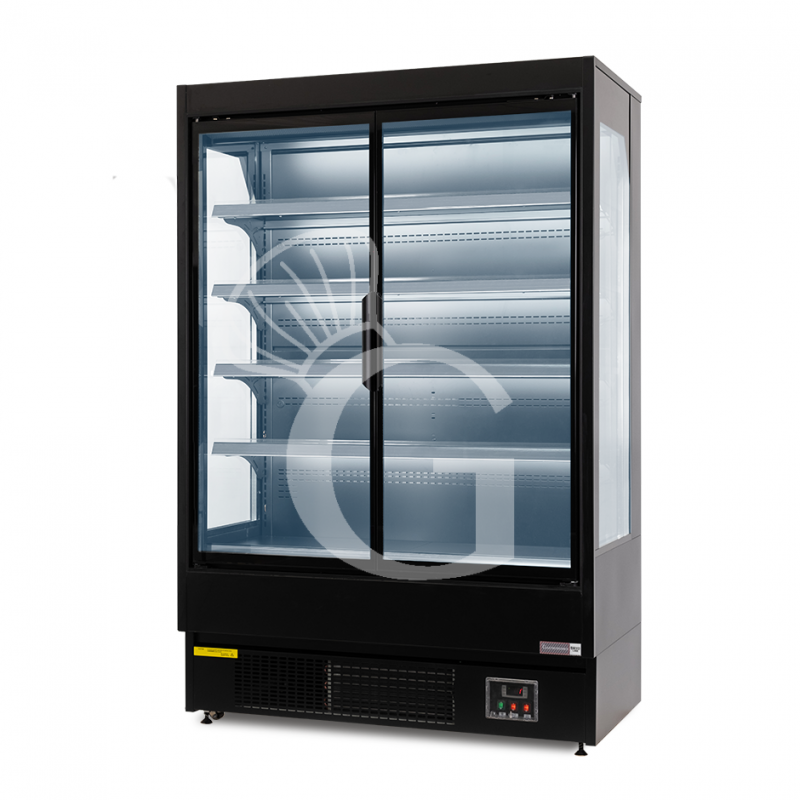 Expositor mural ventilado negro con puertas batientes, temperatura -1°C/+7°C y longitud 1315 mm