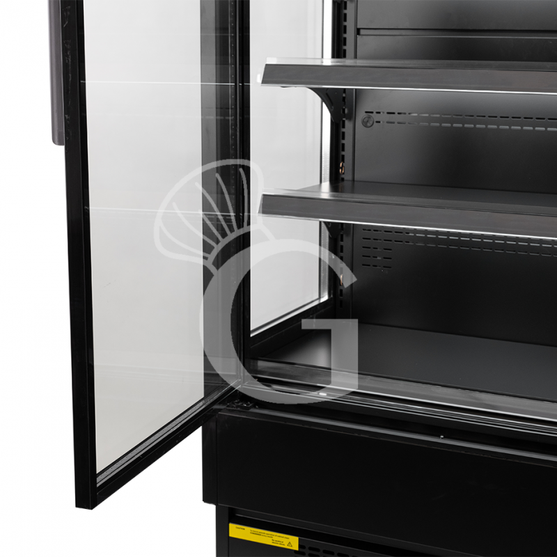 Expositor mural ventilado negro con puertas batientes, temperatura -1°C/+7°C y longitud 1315 mm