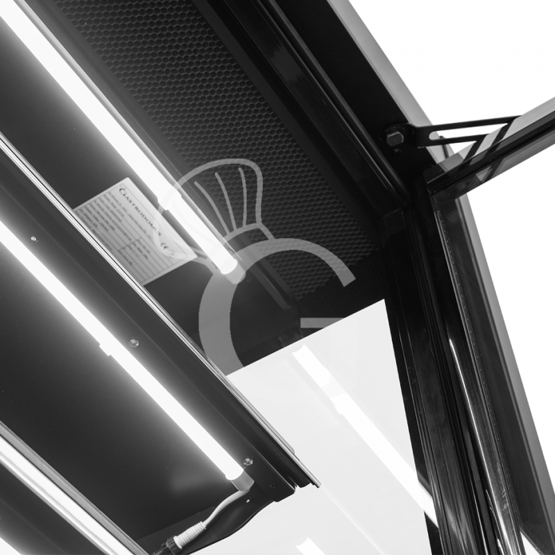 Expositor mural ventilado negro con puertas batientes, temperatura -1°C/+7°C y longitud 1315 mm