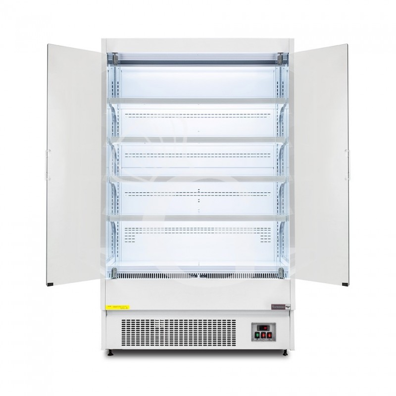 Expositor mural ventilado blanco con puertas batientes, temperatura -1°C/+7°C y longitud 1050 mm