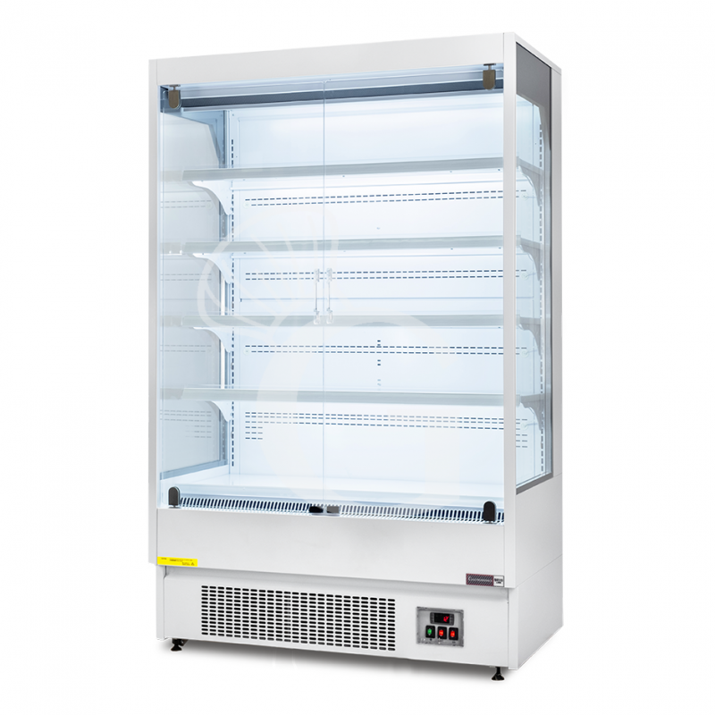 Expositor mural ventilado blanco con puertas batientes, temperatura -1°C/+7°C y longitud 1050 mm