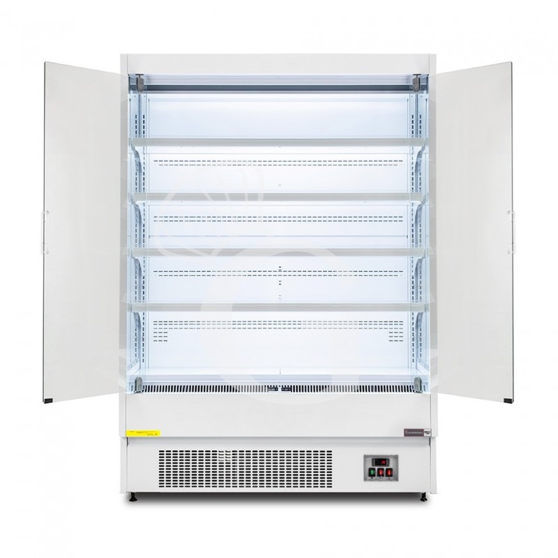Expositor mural ventilado blanco con puertas batientes, temperatura -1°C/+7°C y longitud 1520 mm