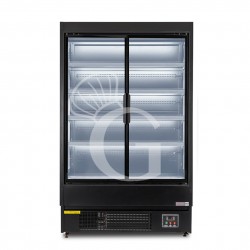 Expositor mural ventilado negro con puertas batientes, temperatura -1°C/+7°C y longitud 1050 mm