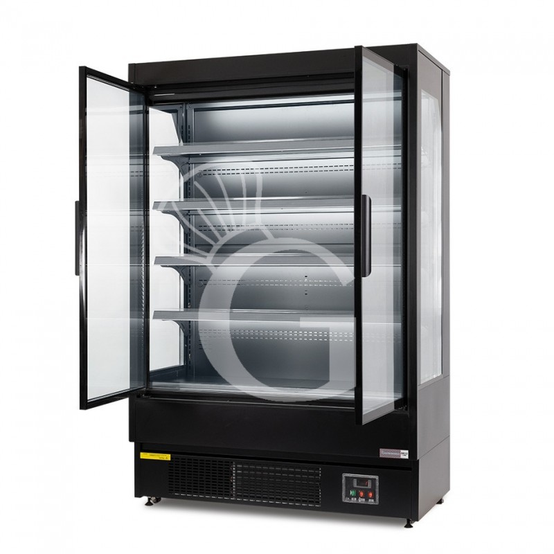 Expositor mural ventilado negro con puertas batientes, temperatura -1°C/+7°C y longitud 1520 mm