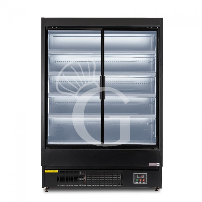 Expositor mural ventilado negro con puertas batientes, temperatura -1°C/+7°C y longitud 1520 mm