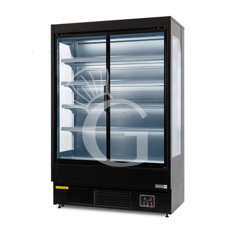 Expositor mural ventilado negro con puertas batientes, temperatura -1°C/+7°C y longitud 1520 mm