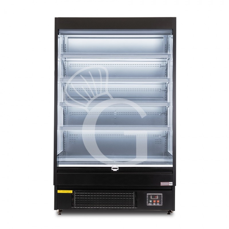 Expositor mural ventilado negro con cortina nocturna, temperatura -1°C/+7°C y longitud 1050 mm