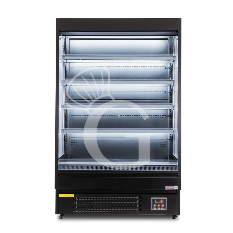 Expositor mural ventilado negro con cortina nocturna, temperatura -1°C/+7°C y longitud 1050 mm