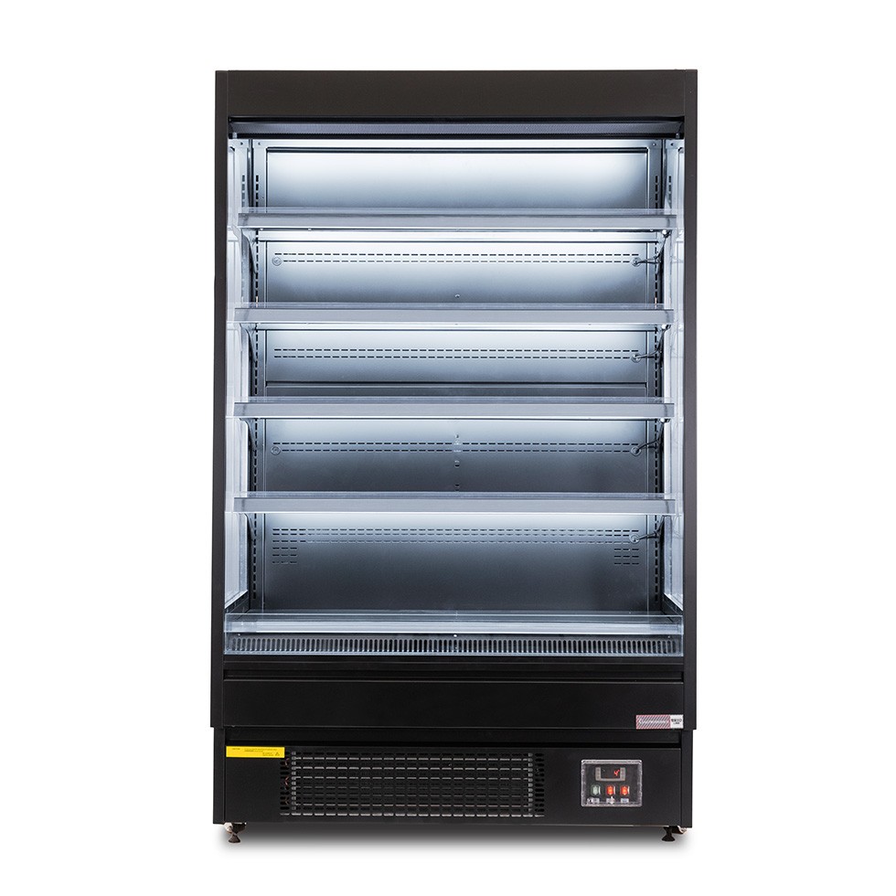 Expositor mural ventilado negro con cortina nocturna, temperatura -1°C/+7°C y longitud 1050 mm