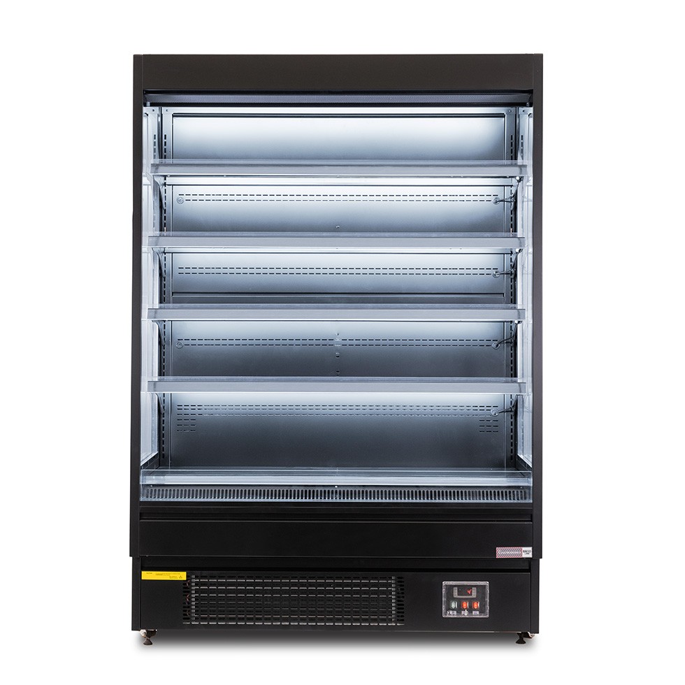 Expositor mural ventilado negro con cortina nocturna, temperatura -1°C/+7°C y longitud 1520 mm