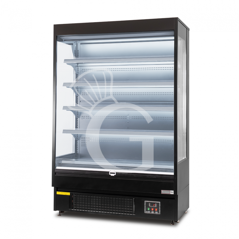 Expositor mural ventilado negro con cortina nocturna, temperatura -1°C/+7°C y longitud 1520 mm