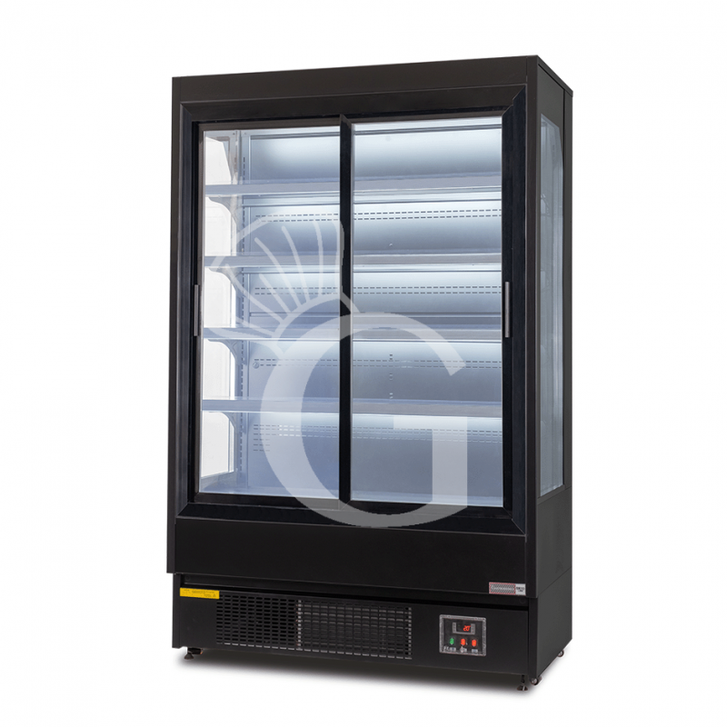 Expositor mural ventilado negro con puertas correderas, temperatura -1°C/+7°C y longitud 1050 mm