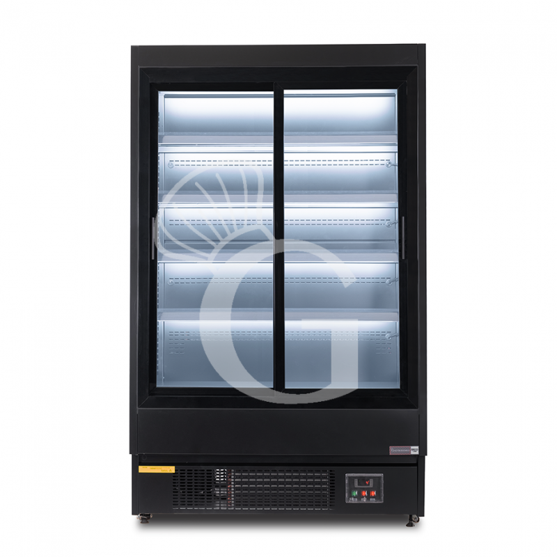 Expositor mural ventilado negro con puertas correderas, temperatura -1°C/+7°C y longitud 1050 mm