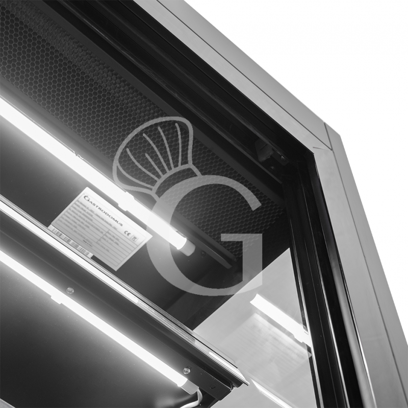 Expositor mural ventilado negro con puertas correderas, temperatura -1°C/+7°C y longitud 1050 mm