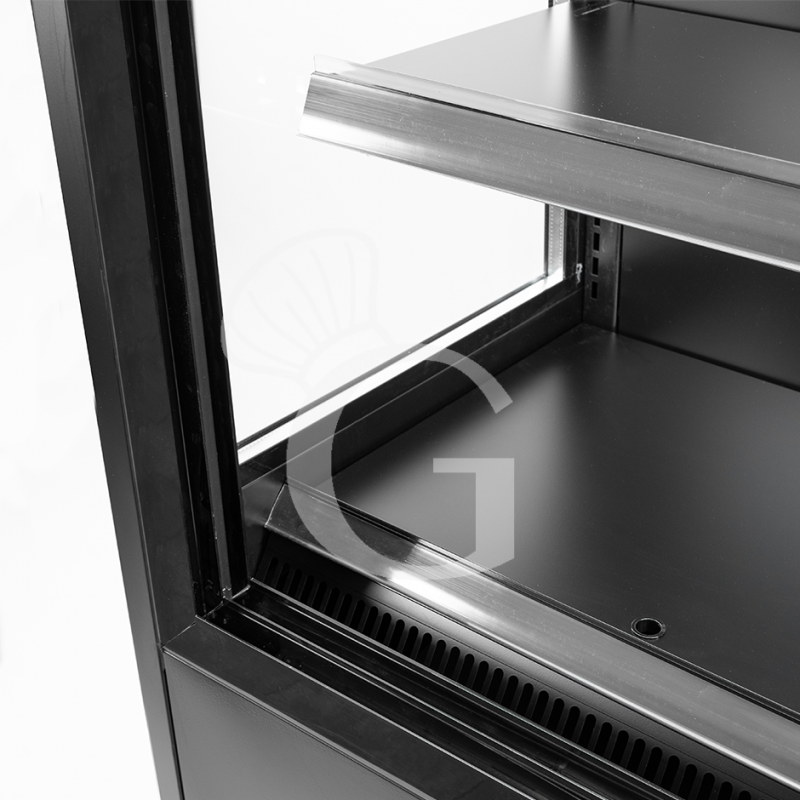 Expositor mural ventilado negro con puertas correderas, temperatura -1°C/+7°C y longitud 1050 mm