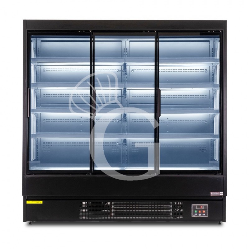 Expositor mural ventilado negro con puertas batientes, temperatura -1°C/+7°C y longitud 1920 mm