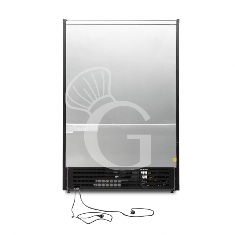 Expositor mural ventilado negro con cortina nocturna, temperatura -1°C/+7°C y longitud 1050 mm