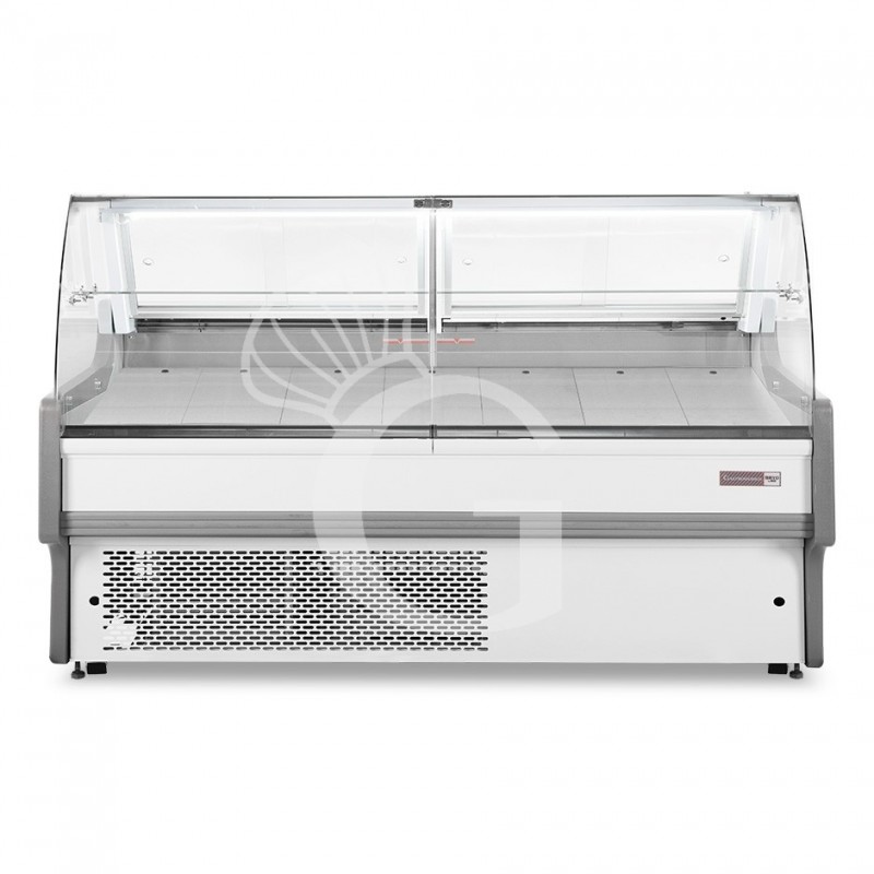 Vitrina expositora gastronomía ventilada, cristal curvado, estante intermedio, 0°/+5°C, longitud 2580 mm Full opcional