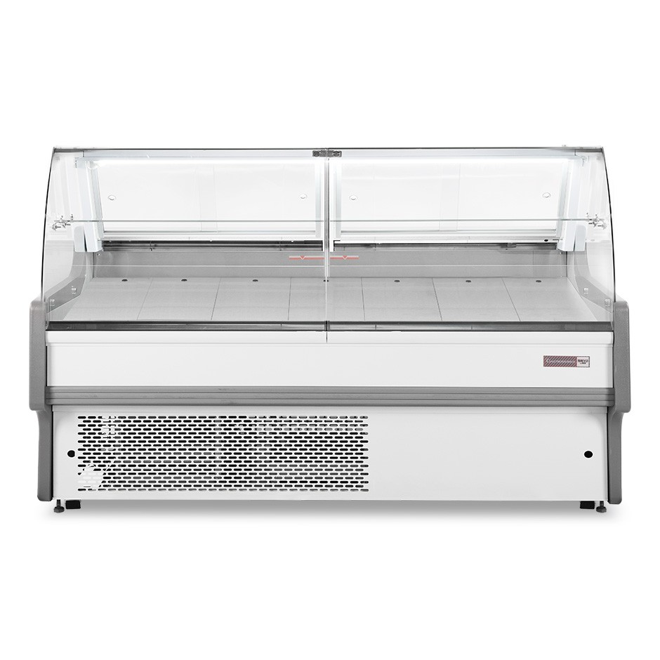 Vitrina expositora gastronomía ventilada, cristal curvado, estante intermedio, 0°/+5°C, longitud 2580 mm Full opcional
