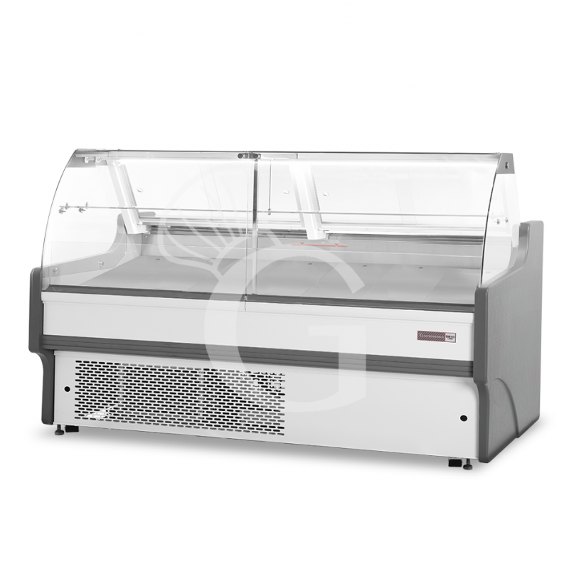 Vitrina expositora gastronomía ventilada, cristal curvado, estante intermedio, 0°/+5°C, longitud 2580 mm Full opcional