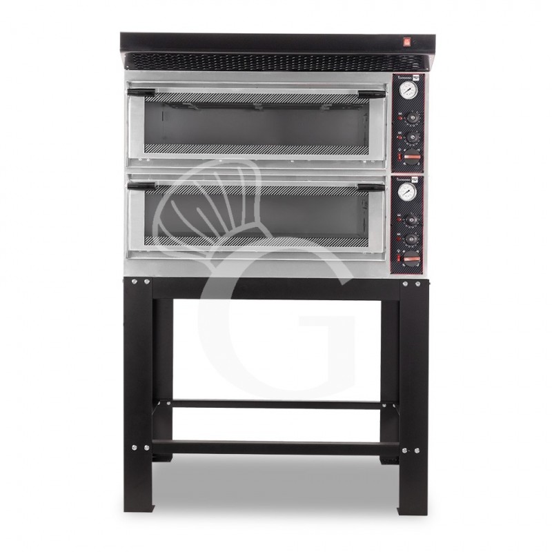 Horno eléctrico mecánico  puerta de cristal 4 bandejas 600x400 o 4+4 pizzas Ø 400mm con campana negra soporte