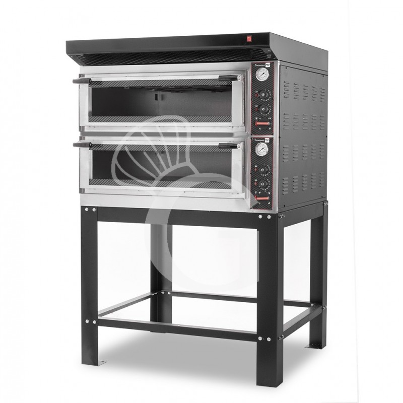 Horno eléctrico mecánico  puerta de cristal 4 bandejas 600x400 o 4+4 pizzas Ø 400mm con campana negra soporte