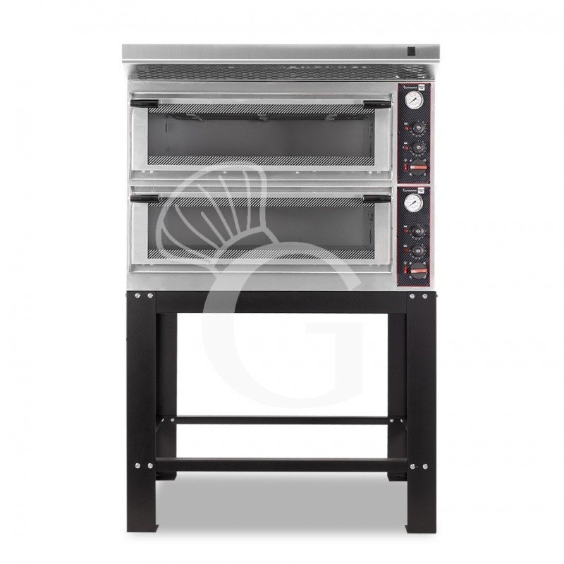 Horno eléctríco mecánico puerta de cristal 4 bandejas 600x400 o 4+4 pizzas Ø 400mm con campana inox y  soporte