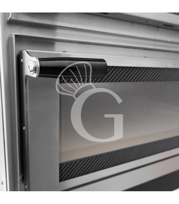 Horno eléctrico mecánico puerta de cristal 4 bandejas 600x400 o 4+4 pizzas Ø 400mm con campana de condensación negra y  soporte