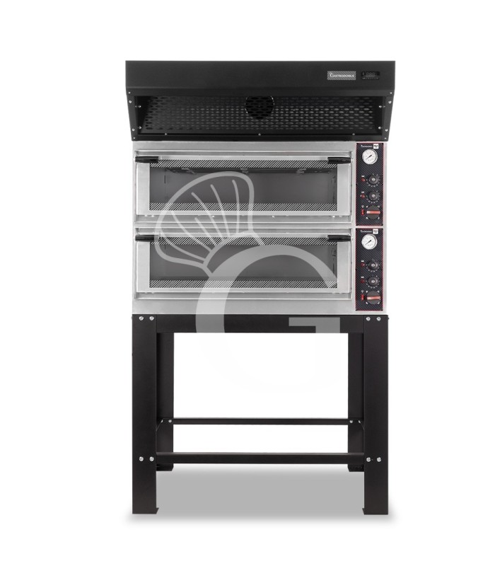 Horno eléctrico mecánico puerta de cristal 4 bandejas 600x400 o 4+4 pizzas Ø 400mm con campana de condensación negra y  soporte