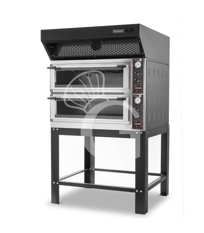 Horno eléctrico mecánico puerta de cristal 4 bandejas 600x400 o 4+4 pizzas Ø 400mm con campana de condensación negra y  soporte