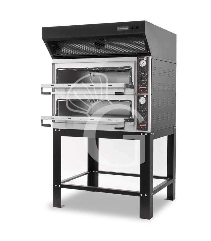 Horno eléctrico mecánico puerta de cristal 4 bandejas 600x400 o 4+4 pizzas Ø 400mm con campana de condensación negra y  soporte