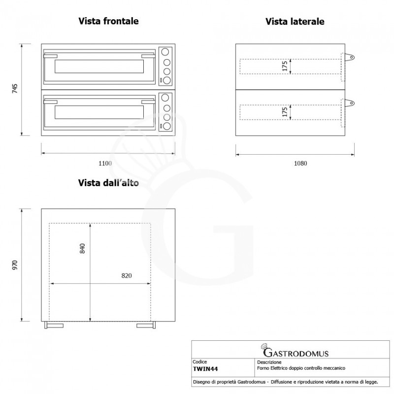 Horno eléctrico mecánico puerta de cristal 4 bandejas 600x400 o 4+4 pizzas Ø 400mm con campana de condensación inox y soporte