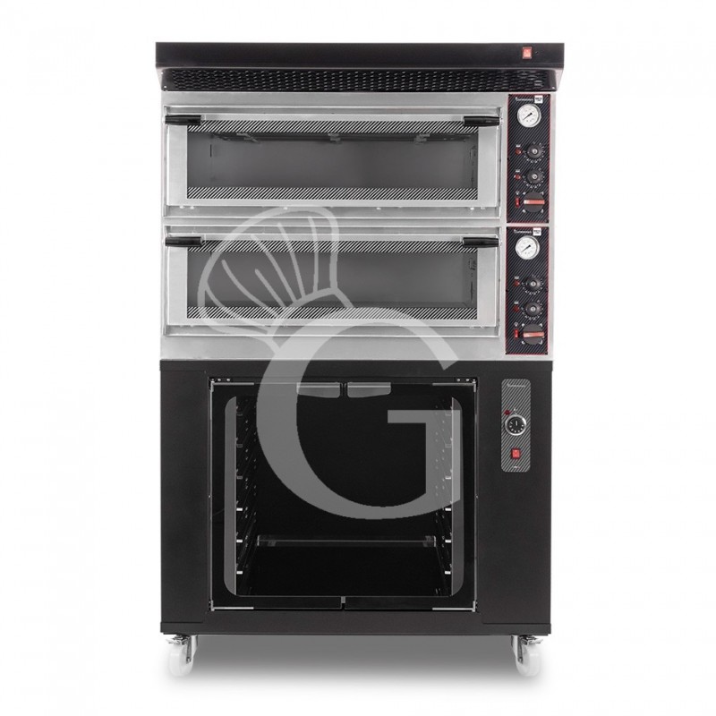 Horno eléctrico mecánico  puerta cristal 4 bandejas 600x400 o 4+4 pizzas Ø 400mm con campana y cámara de fermentación negras