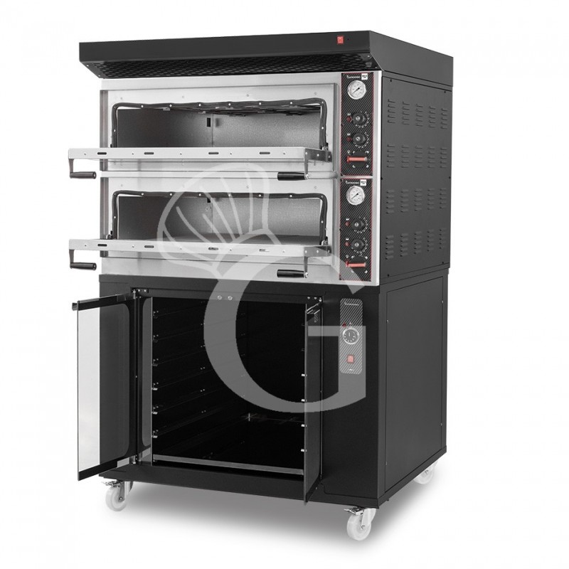 Horno eléctrico mecánico  puerta cristal 4 bandejas 600x400 o 4+4 pizzas Ø 400mm con campana y cámara de fermentación negras
