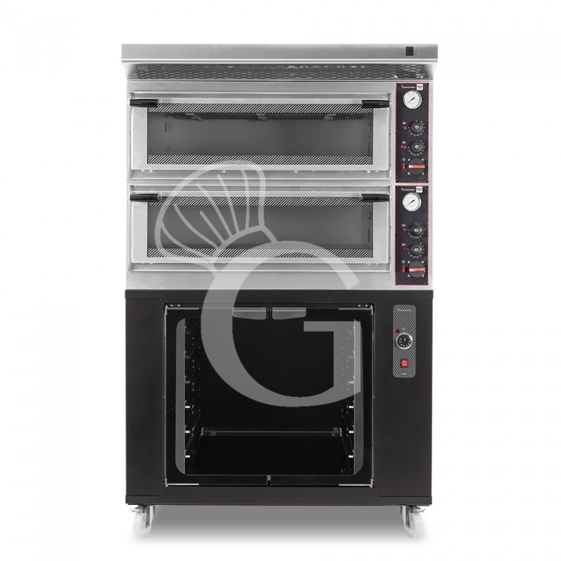 Horno eléctrico mecánico puerta  cristal 4 bandejas 60x40 o 4+4 pizzas Ø 40cm  campana inox y cámara de fermentación negra
