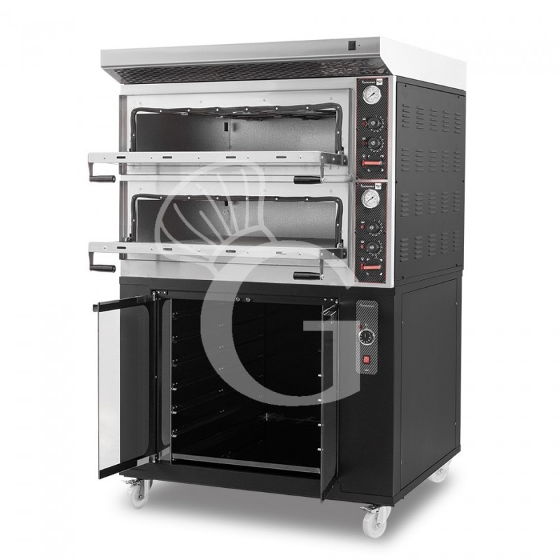 Horno eléctrico mecánico puerta  cristal 4 bandejas 60x40 o 4+4 pizzas Ø 40cm  campana inox y cámara de fermentación negra