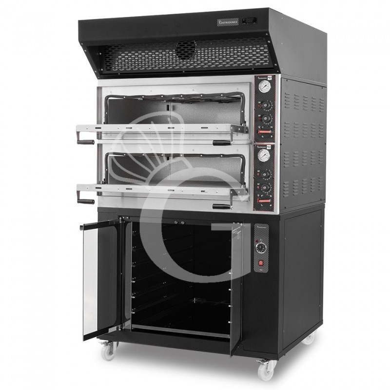 Horno eléctrico mecánico puerta  cristal 4 bandejas 60x40 o 4+4 pizzas Ø 40cm campana  condensación y cámara fermentación negras