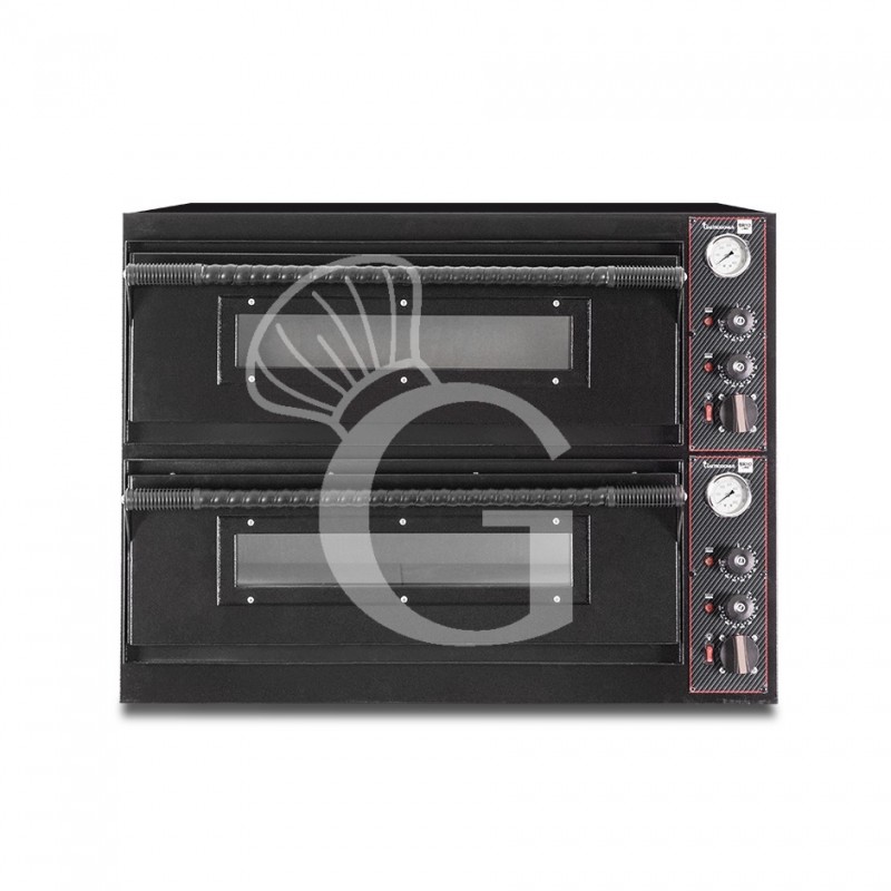Horno eléctrico 4+4 pizzas de diámetro 350 mm 2 cámaras control mecánico 6 Kw con diseño negro