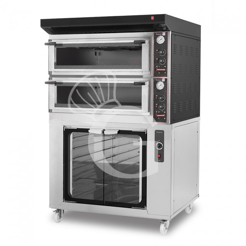 Horno eléctrico mecánico puerta de cristal 4 bandejas 60x40 o 4+4 pizzas Ø 40cm con campana negra y cámara de fermentación inox