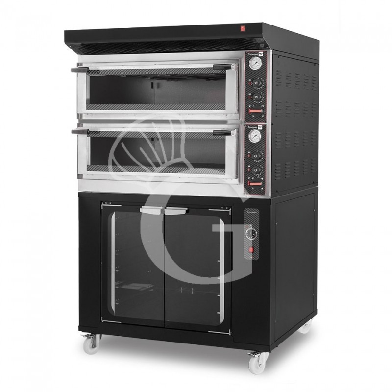 Horno eléctrico mecánico  puerta cristal 4 bandejas 600x400 o 4+4 pizzas Ø 400mm con campana y cámara de fermentación negras