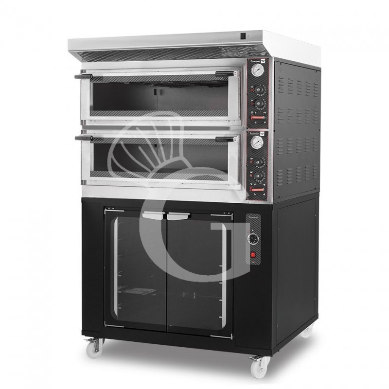 Horno eléctrico mecánico puerta  cristal 4 bandejas 60x40 o 4+4 pizzas Ø 40cm  campana inox y cámara de fermentación negra