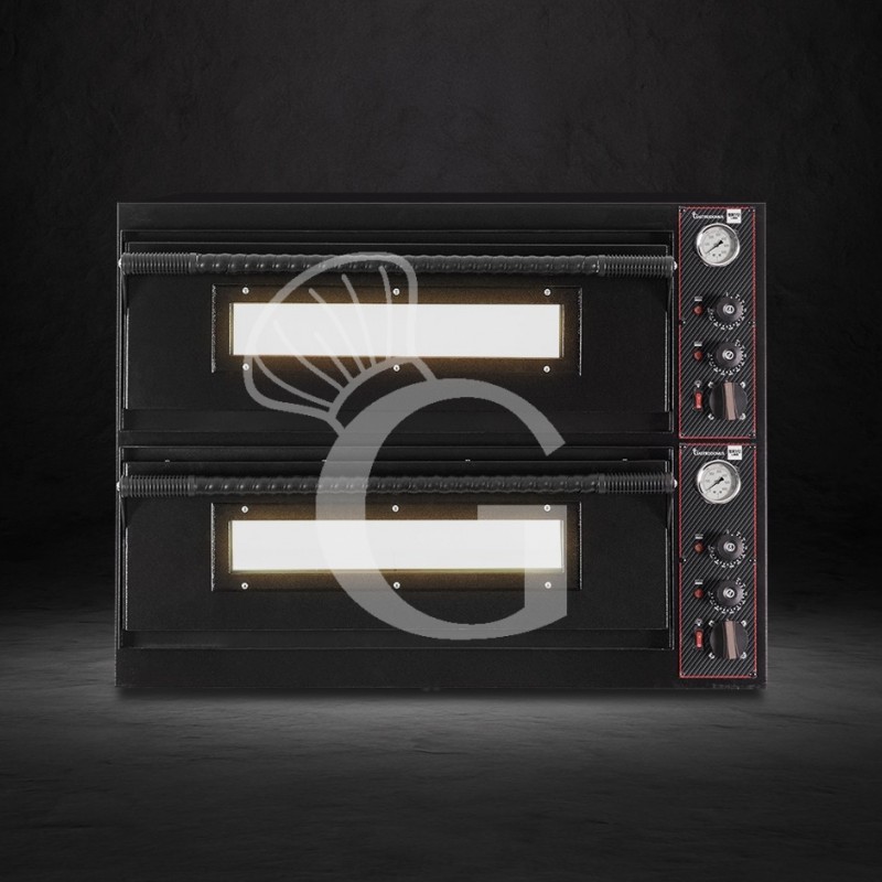 Horno eléctrico 4+4 pizzas de diámetro 350 mm 2 cámaras control mecánico 6 Kw con diseño negro