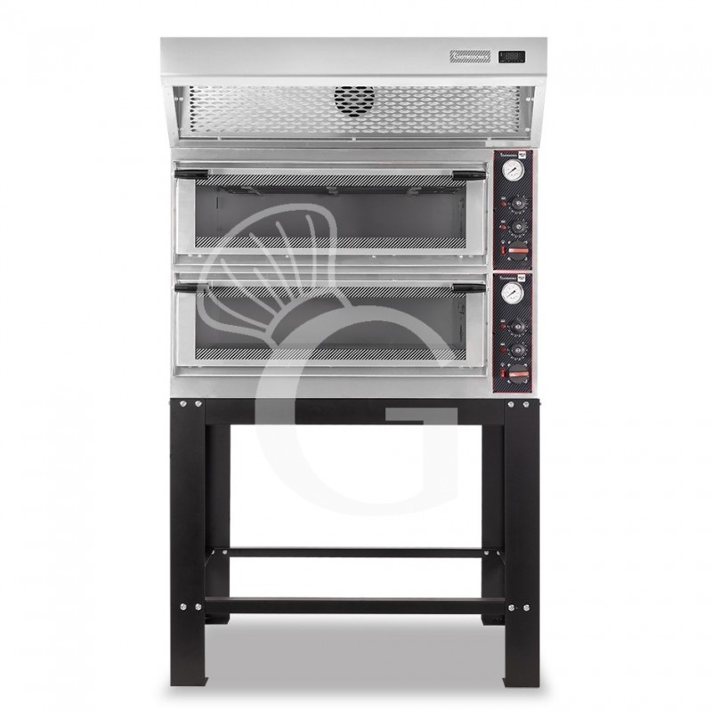 Horno eléctrico mecánico puerta de cristal 4 bandejas 600x400 o 4+4 pizzas Ø 400mm con campana de condensación inox y soporte